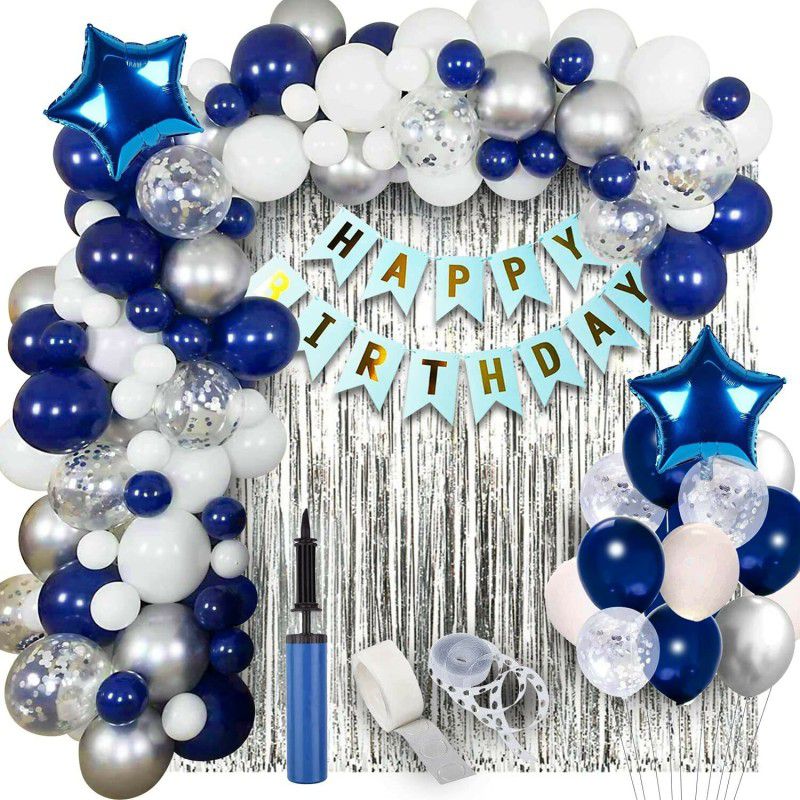 SensibleDecoraters Dark Blue With Silver Happy Birthday \Items Kit Combo Birthday Bunting Silver  (Set of 62)