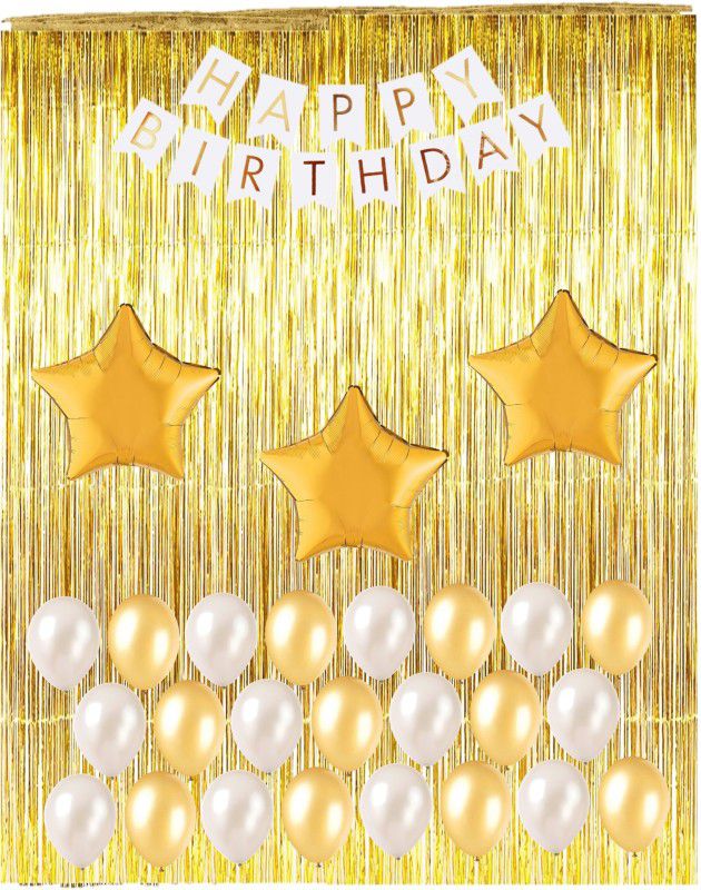Bash N Splash White & Gold Happy Birthday Party Decoration Pack  (Set of 56)