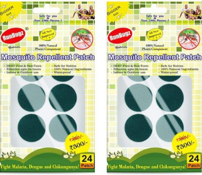 RunBugz Natural Repellent Mosquito Patches for Babies with 24 Hours Protection,24 Patches (Green) -(Pack of 2)  (2 x 24 Patches)