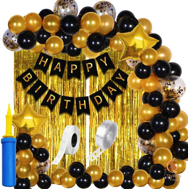 SKYWINS Black Gold Happy Birthday Decoration items  (Set of 61)