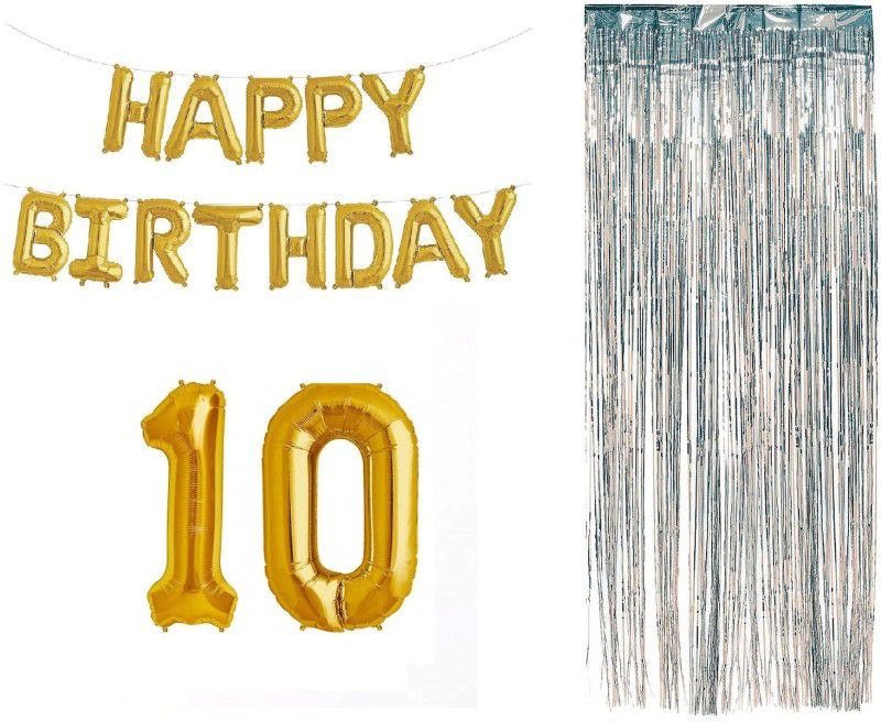 MOREL COMBO OF HAPPY BIRTHDAY FOIL BALOONS, 13 ALPHABETS AND NUMBER 1 AND 0 FOIL BALOON AND SILVER BACK CURTAIN  (Set of 3)