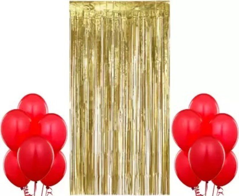 Krishna Creations Happy Birthday Set (1 Gold Curtain, 20 Red Balloons)  (Set of 21)