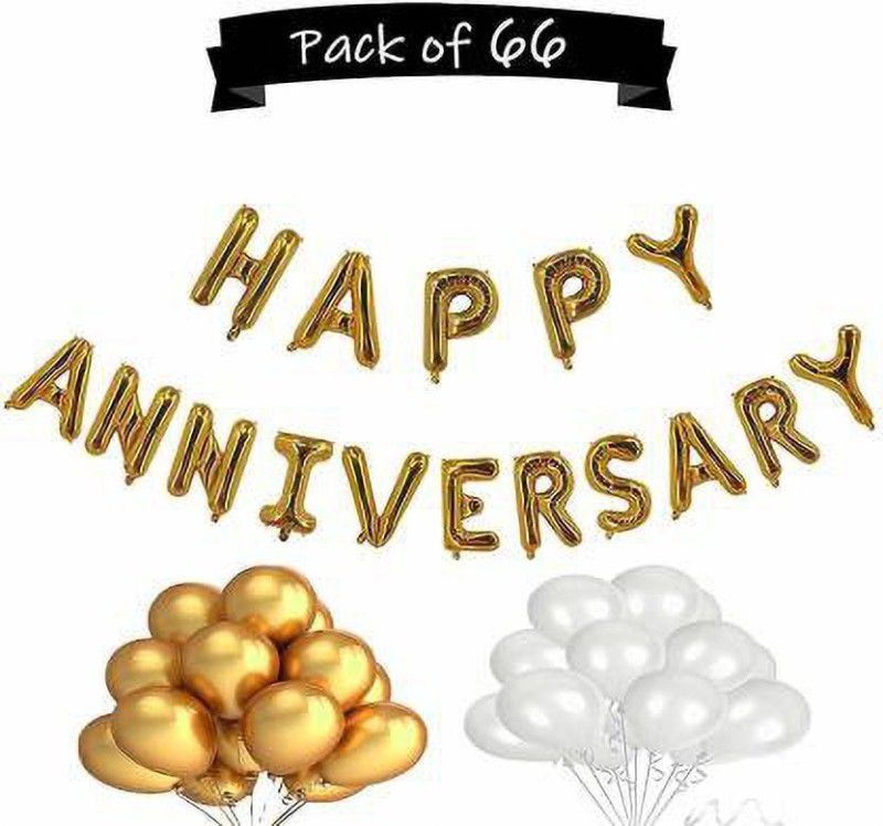 Juneja Enterprises Happy Anniversary Balloon + 50 Metallic White Golden Balloons  (Set of 66)