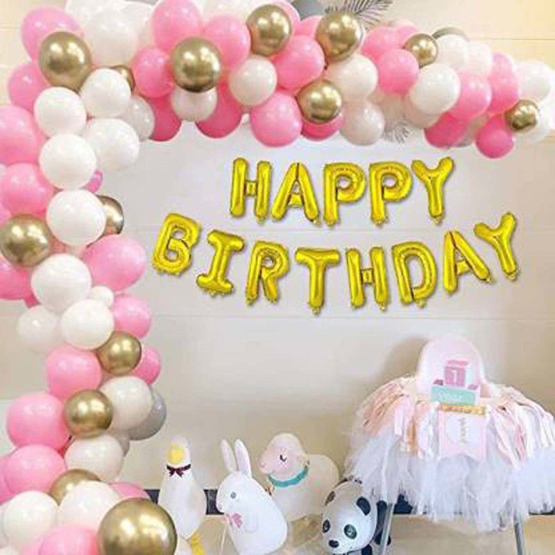 Party Hub Solid 1 Happy birthday letter foil balloon Pink 20 White 20 gold 10 Metallic balloon for birthday party decoration Balloon (Pink, Gold, Pack of 63)  (Set of 63)