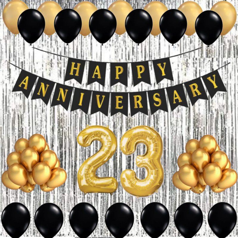 Alaina Happy Anniversary Decoration Kit - 1 Pc Happy Anniversary Banner + 2 Silver Fringe Curtains + 30 Pcs Metallic Balloons + 10 Pcs Chrome Golden Balloons + 23 Foil Number in Golden Color  (Set of 45)