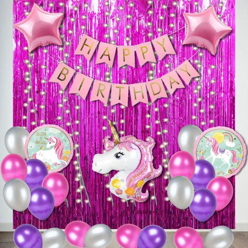 CherishX.com Unicorn Theme Birthday Party Decorations - Pack of 39 Pcs - Banner, Foil Curtain, Fary Light, Bunch & Metallic Balloons for Birthday Wall Decoration  (Set of 39)