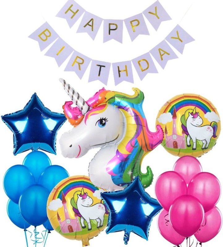 Wonder Unicorn Birthday Decoration Kit Blue Birthday Banner, Blue-Metallic Pink Party Balloons 46 Pcs Combo for kids birthday  (Set of 46)