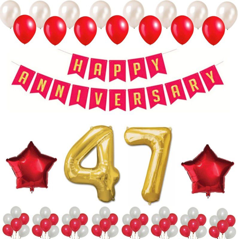 Alaina Happy Anniversary Decoration Kit 55 Pcs Combo - 1 Pc Happy Anniversary Banner (Red & Golden Color) + 50 Pcs Metallic Balloons + 2 Pcs Red Foil Stars + 47 Number Foil in Golden Color  (Set of 55)