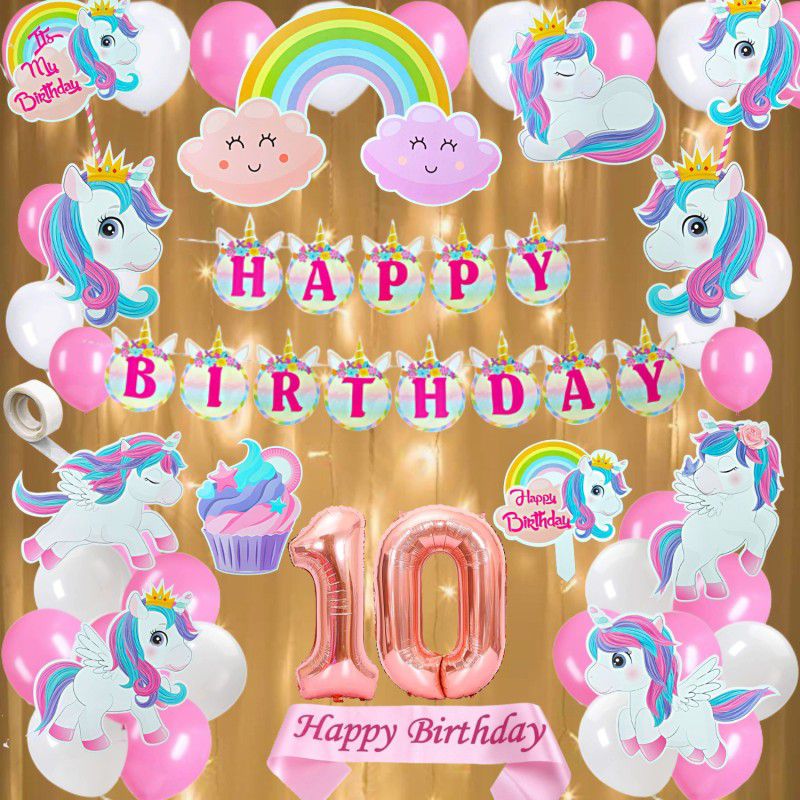 FLICK IN 10th Birthday Unicorn Theme Decoration Set Props Birthday Pink Sash Led Light  (Set of 51)