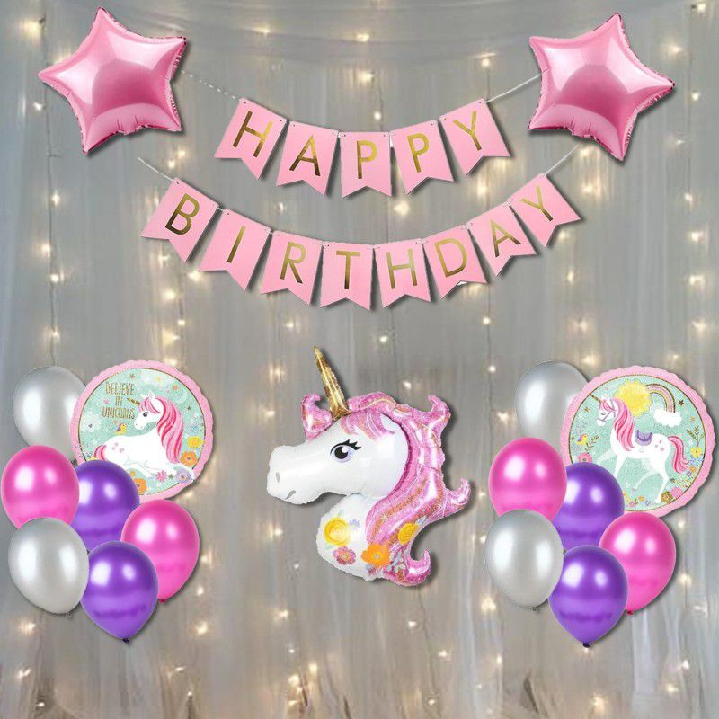 SHOPTIONS 5 pc unicorn set with led light birthday combo-pack of 37  (Set of 37)