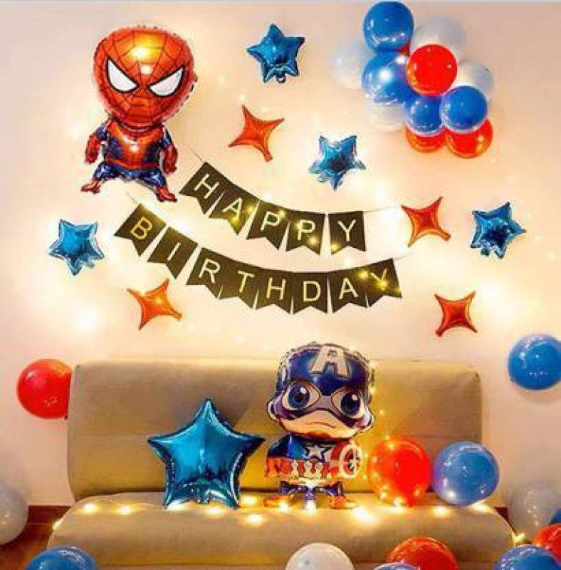 Anayatech Spiderman and captain america theme birthday combo-1 birthday banner,1 spiderman,1 captain america,1 led light,9 star foil,50 balloon-pack of 62  (Set of 62)