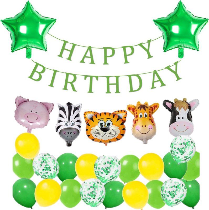 Bash N Splash jungle Safari Green Theme Birthday Decoration Kit with Animals Face Foil Balloons, Happy Birthday Banner, Metallic Confetti balloons Balloon (Pack of 28)  (Set of 28)