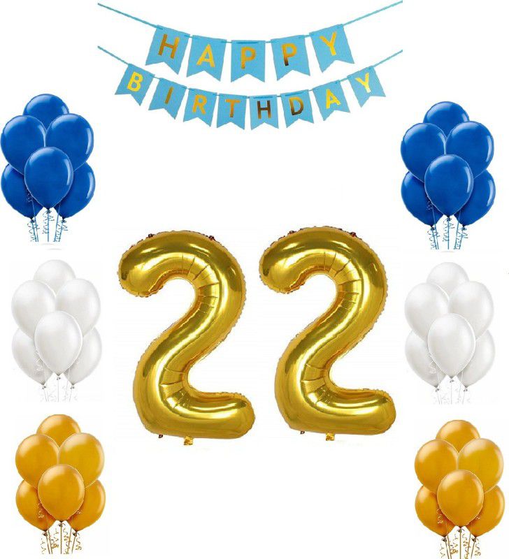 MoohH Combo For Birthday Party Decoration (Blue Happy Birthday Bunting Banner + 22 Number Gold Foil balloon + 50 pcs Blue,White & Gold Metallic balloon) (Pack of 53)  (Set of 53)