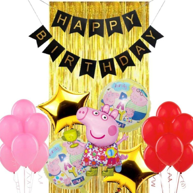Wonder Peppa Pig Birthday Decoration 57 Pc Kit for Kids, Black HBD Banner, 50 Baby Pink Red Balloons,Gold Shining Curtain  (Set of 57)
