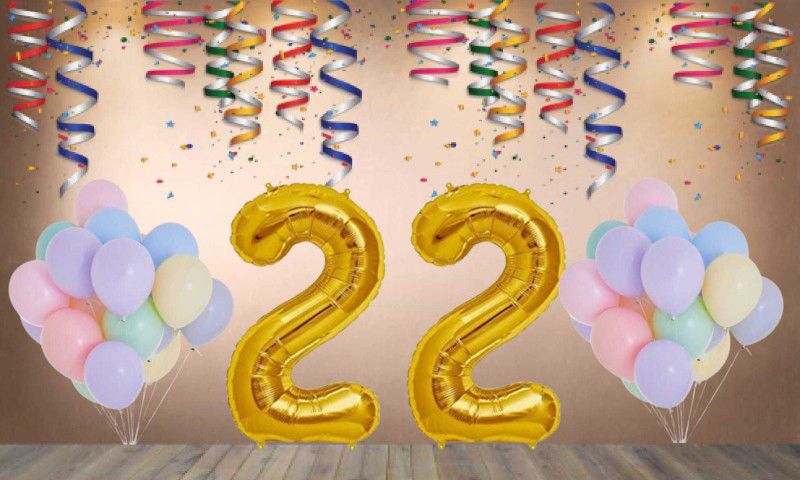 Balloonistics Gold Number 22 Foil Balloon and 25 Nos Pastel Multicolor Latex Balloon  (Set of 1)