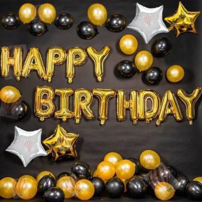 THE AMEX COMPANY Happy Birthday Gold, Black & Silver Balloons Decoration  (Set of 47)