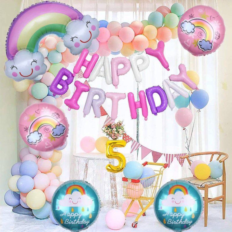 Attache Rainbow Theme Foil Balloon for Birthday Decoration items (5 Happy Birthday)  (Set of 49)