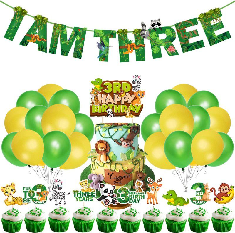 ZYOZI Jungle Theme 3rd Birthday Decoration Kids for Boy or Girl Birthday (Pack of 37)  (Set of 37)