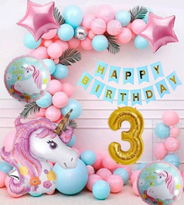 Aoes Unicorn Theme Birthday Party Decoration For Boy & Girl For Third Birthday  (Set of 37)
