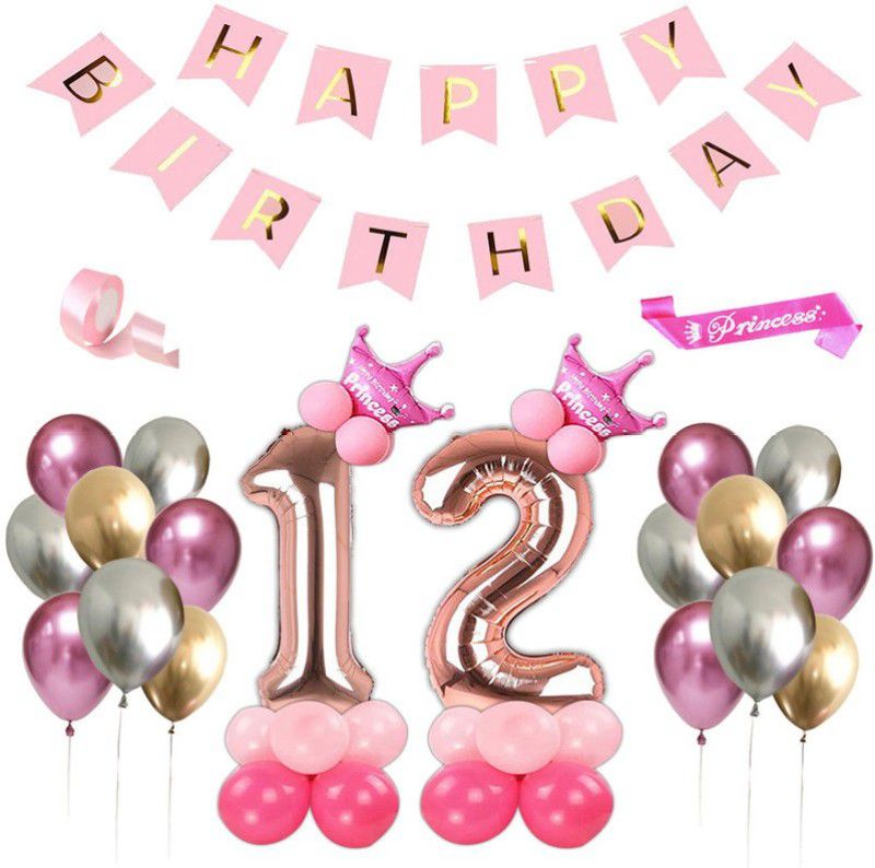 Shopperskart presents Twelfth/12th Happy Birthday Foil Balloons/Banner Combo/Kit Pack For room/Wall Party Decorations For Girls (Pack Of 61) Pink  (Set of 61)