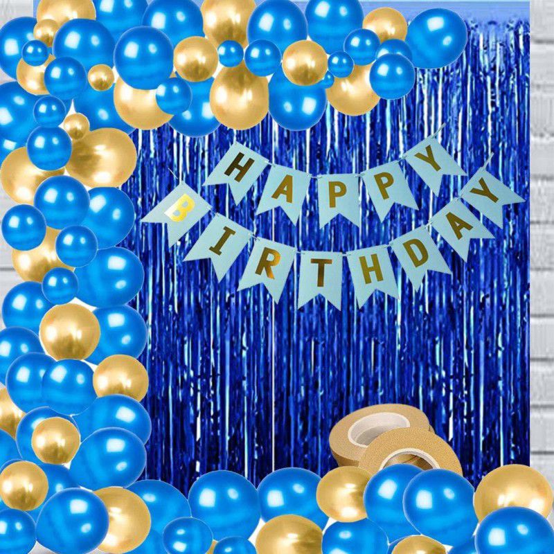 ShopGlobal Happy Birthday Blue Banner 2 Shiny Fringes Curtain 50 Pcs Metallic Balloons  (Set of 53)