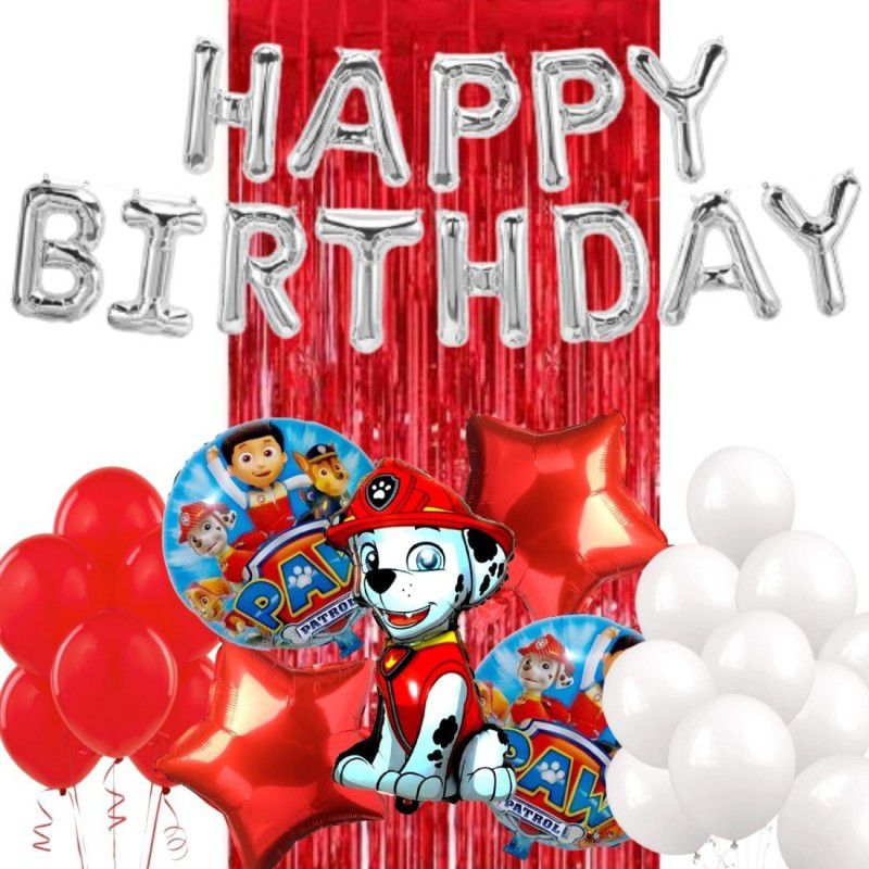 Wonder Paw Patrol Marshall Birthday Decoration 49 Pc Kit for Kids, Silver HBD Foil Balloon, 30 Red White Balloon, Red Curtain  (Set of 49)