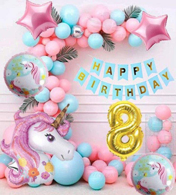 Aoes Unicorn Theme Birthday Party Decoration For Boy & Girl For Eighth Birthday  (Set of 37)