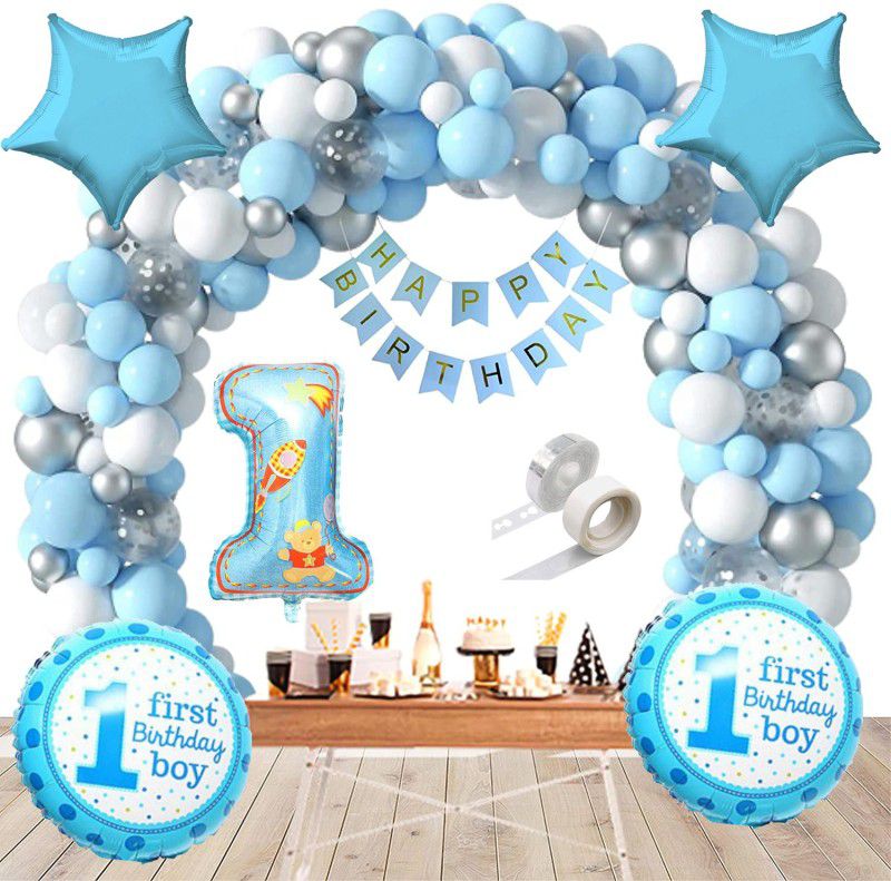 Aoes First Birthday Decoration Combo For Boys Blue Foil Balloon Banner Arch Glue Dot  (Set of 43)