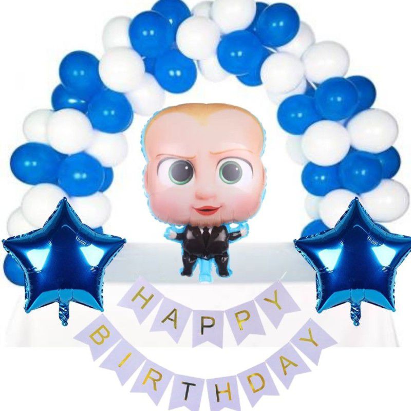 Wonder Boss Baby Theme Birthday Blue Happy Birthday Banner 50 Blue,White Party Balloon 2 Blue 18inch Star  (Set of 54)