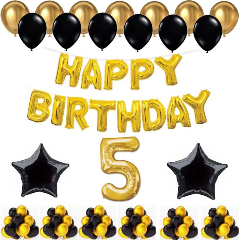 Alaina Happy Birthday Decoration Kit 54 Pcs Combo Pack - 1 Set Happy Birthday Foil Letters (13 Letters Golden Color) + 50 Pcs Metallic Balloons + 2 Pcs Black Foil Stars + 5 Number Foil in Golden Color  (Set of 54)