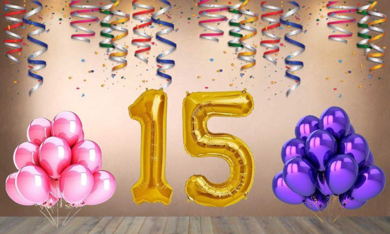 Balloonistics Gold Number 15 Foil Balloon and 25 Nos Pink Purple Metallic Shiny Latex Balloon  (Set of 1)