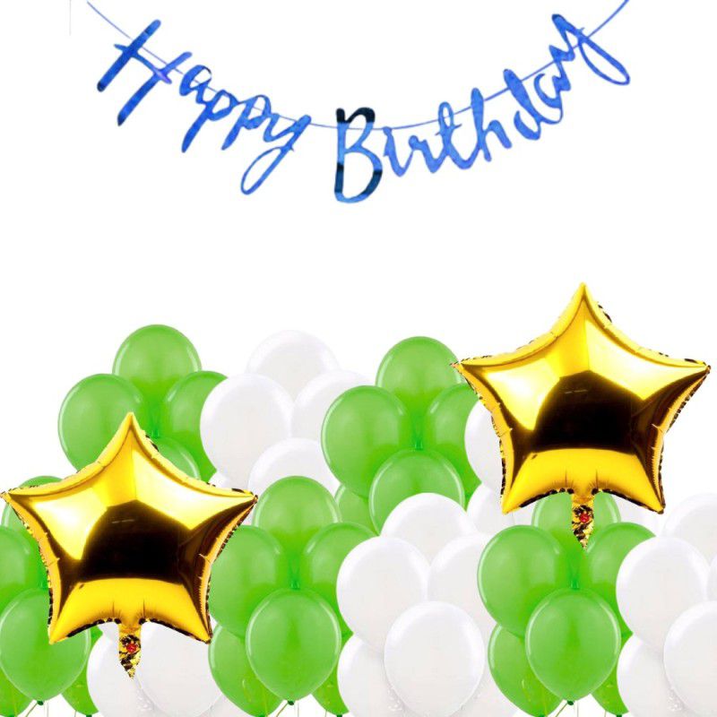 B4 Birthday Combo Blue Bunting + 30 White+Light Green Balloon +2 Gold Star  (Set of 33)