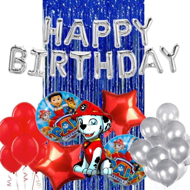 Wonder Paw Patrol Marshall Birthday Decoration 49 Pc Kit for Kids, Silver HBD Foil Balloon, 30 Red Silver Balloon, Blue Curtain  (Set of 49)