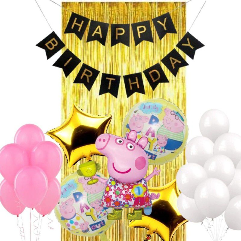 Wonder Peppa Pig Birthday Decoration 57 Pc Kit for Kids, Black HBD Banner, 50 Baby Pink White Balloons,Gold Shining Curtain  (Set of 57)