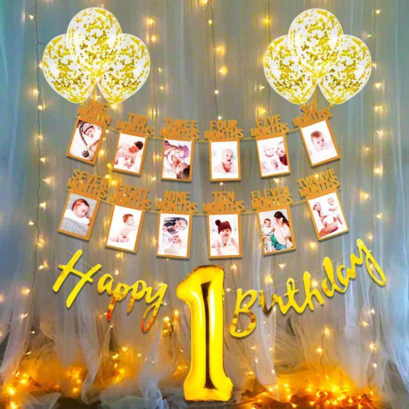 SHOPTIONS 1st Birthday Decoration for Baby Boy or Girl Warm Led Light Set Happy Birthday Foil Banner, 1-12 Month Photo Banner,Confetti Balloons Combo 14Pcs for Kids Birthday Party Supplies  (Set of 14)