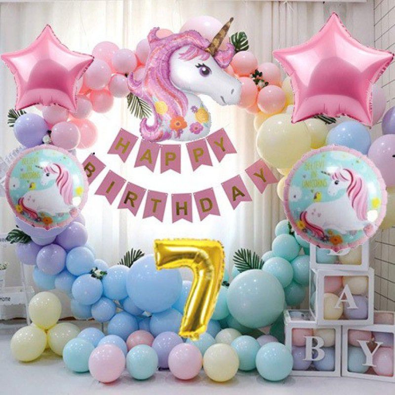 Aoes Unicorn Theme Birthday Decoration For Boy & Girl For Seventh Birthday  (Set of 37)