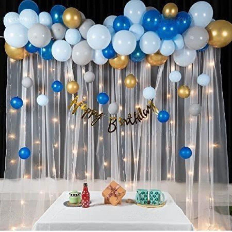 Fun and Flex Blue and Gold Birthday Decoration Combo Kit with white net Curtain and Light  (Set of 75)