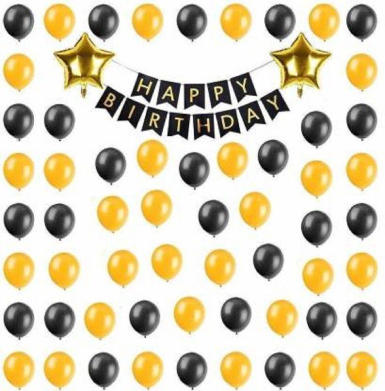 Party Hub Happy Birthday Black Paper Banner+ 50 Black Gold Metallic Balloons+ 2 Gold Star Foil Balloons  (Set of 53)