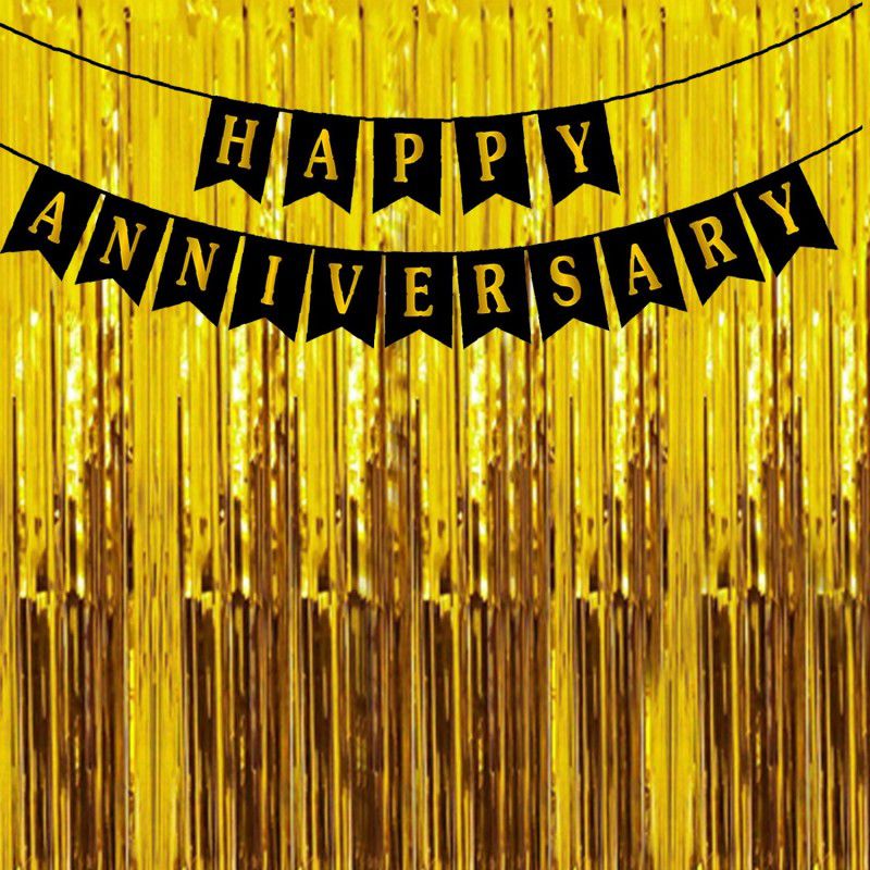 AMFIN Happy Anniversary Banner / Curtain Decoration / Anniversary Decoration combo / Banner for decoration / Curtain foil Decoration / 1st anniversary Blcak Gold Combo - Pack of 2  (Set of 2)