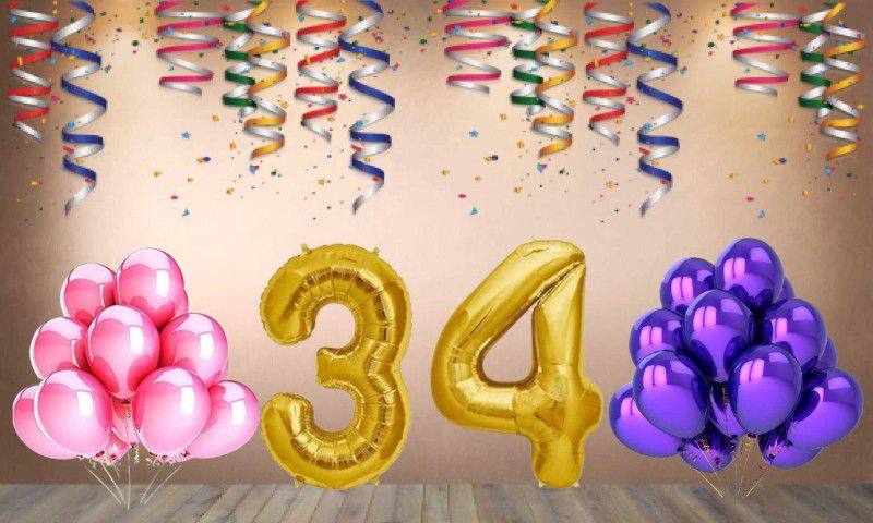 Balloonistics Gold Number 34 Foil Balloon and 25 Nos Pink Purple Metallic Shiny Latex Balloon  (Set of 1)
