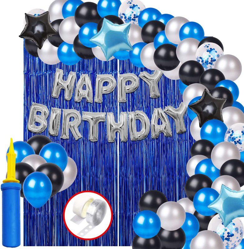 Bubble Trouble Happy Birthday Balloons Decorations Set - 60Pcs Bday, Star Foil Balloon, Blue Black Metallic Balloons, Foil Curtain, Pump - Theme Decoration for Husband, Wife birthday Celebrate  (Set of 60)