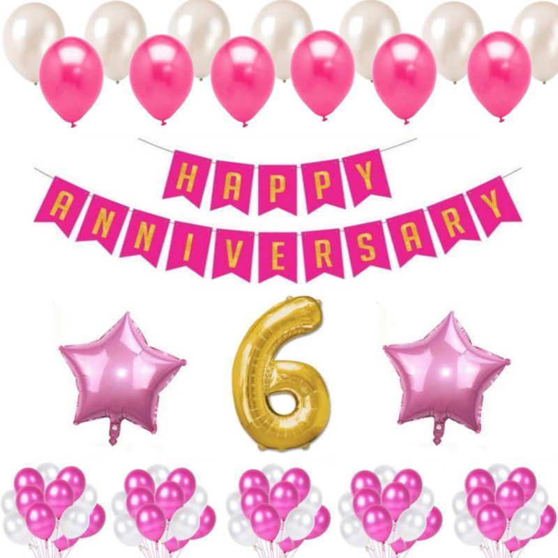 Alaina Happy Anniversary Decoration Kit 54 Pcs Combo - 1 Pc Happy Anniversary Banner (Pink & Golden Color) + 50 Pcs Metallic Balloons + 2 Pcs Pink Foil Stars + 6 Number Foil in Golden Color  (Set of 54)