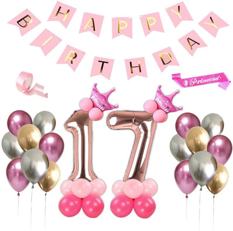 Shopperskart presents seventeenth/17th Happy Birthday Foil Balloons/Banner Combo/Kit Pack For room/Wall Party Decorations For Girls (Pack Of 61) Pink  (Set of 61)