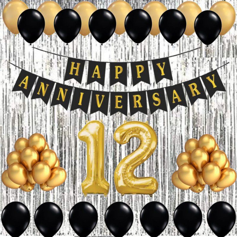 Alaina Happy Anniversary Decoration Kit - 1 Pc Happy Anniversary Banner + 2 Silver Fringe Curtains + 30 Pcs Metallic Balloons + 10 Pcs Chrome Golden Balloons + 12 Foil Number in Golden Color  (Set of 45)