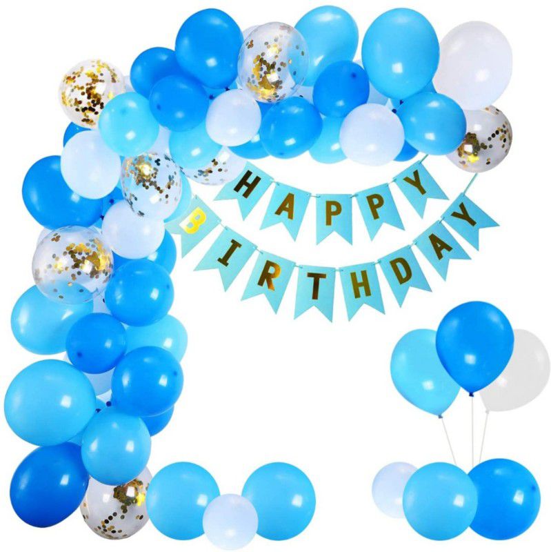 Alaina Happy Birthday Decoration Kit 54 Pcs Combo Pack - 1 Pc Happy Birthday Banner (Blue & Golden Color) + 3 Pcs Golden Confetti Balloons + 50 Pcs Metallic Balloons (Blue & White)  (Set of 54)