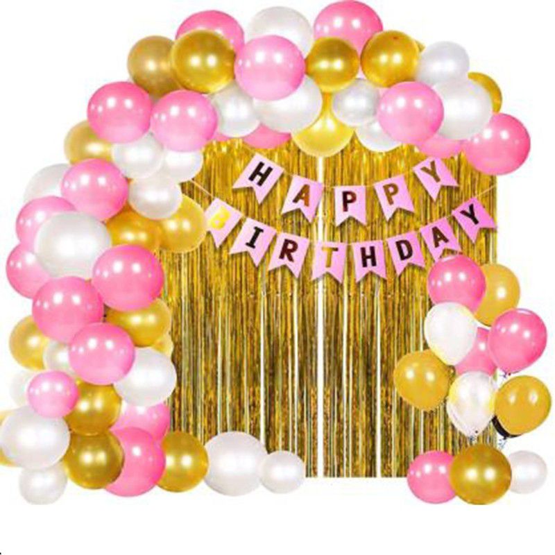 PartyballoonsHK 1 Pink Happy Birthday Banner+2 Pc Gold Fringe Curtain+30 Pcs Mettalic Balloon Balloon  (Set of 33)
