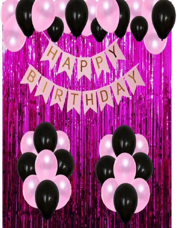 UBAACHI PINK & BLACK BIRTHDAY COMBO OF 26PCS WITH PINK CURTAIN FOR BOYS, GIRLS, COUPLES  (Set of 26)
