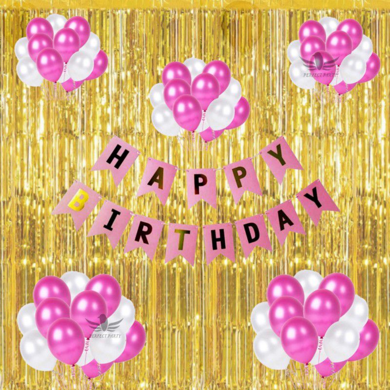 Alaina Happy Birthday Decoration Kit 33 Pcs Combo Pack - 1 Pc Happy Birthday Banner (Pink & Golden Color) + 2 Pcs Golden Fringe Curtains + 30 Pcs Metallic Balloons (Pink & White)  (Set of 33)