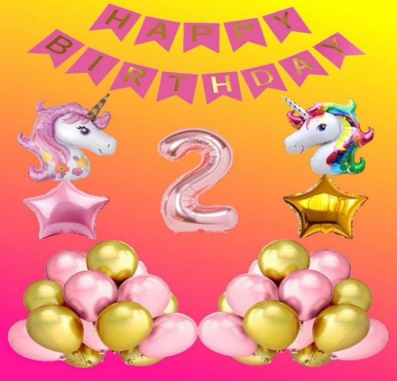 Bloomsevent 2 Number Foil Balloon with Happy Birthday Pink Banner & Unicorn Shape Balloons  (Set of 36)