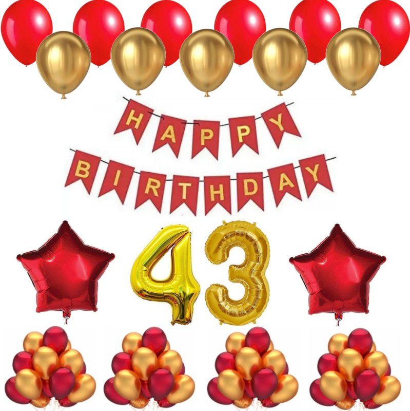 Alaina Happy Birthday Decoration Kit 55 Pcs Combo Pack - 1 Pc of Happy Birthday Banner (Red & Golden Color) + 50 Pcs Metallic Balloons + 2 Pcs Red Foil Stars + 43 Number Foil in Golden Color  (Set of 55)